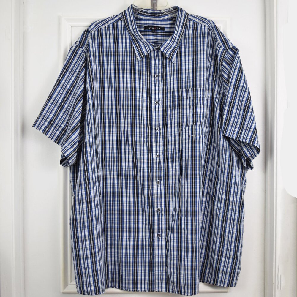 Synrgy Plaid Shirt Men 4XL Button Up Short Sleeve Blue White Black Career Work